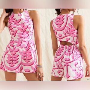 Anthropologie Porridge pink rosy floral cotton cut-out shorts romper sz 6